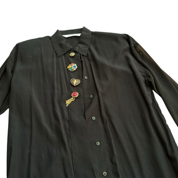 Vintage 1990s Black Blouse Statement Jeweled Buttons Sheer Sleeves by Express - - Picture 1 of 4